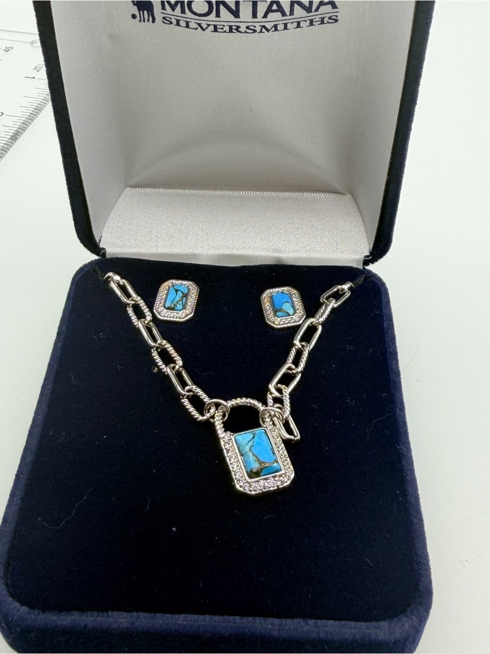 Montana Silversmiths Silver-Tone Turquoise Padlock Necklace and Earring Set